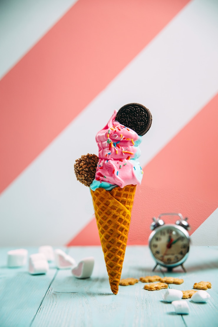 Foto cono gelato dolce del dessert con i biscotti