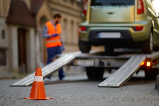 Cono stradale del primo piano davanti al carro attrezzi