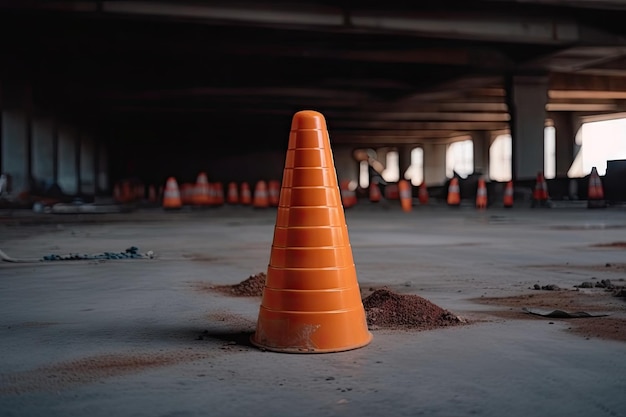 Cono sul pavimento nel mezzo del cantiere