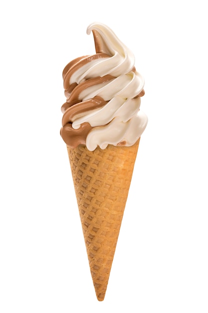 Cono waffled con gelato soft alla vaniglia e cioccolato.