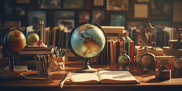 Conoscenza globale Una scrivania con libri Oggetti e un globo potenziati dall'IA generativa