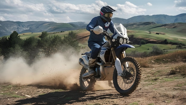 Conquistare terreni impegnativi Un cavaliere avventuroso che solleva le nuvole su una Dirt Bike Concept Sessione fotografica all'aperto Sport estremi Adrenalina Rush Dirt Biking Avventura Scatti d'azione