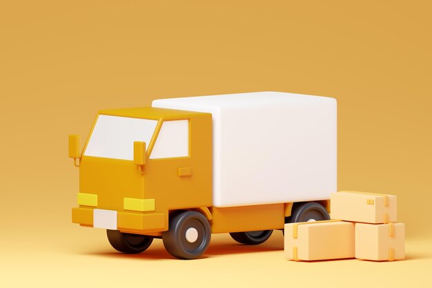 consegna a domicilio camion giallo e pacchetto sfondo giallo rendering 3d