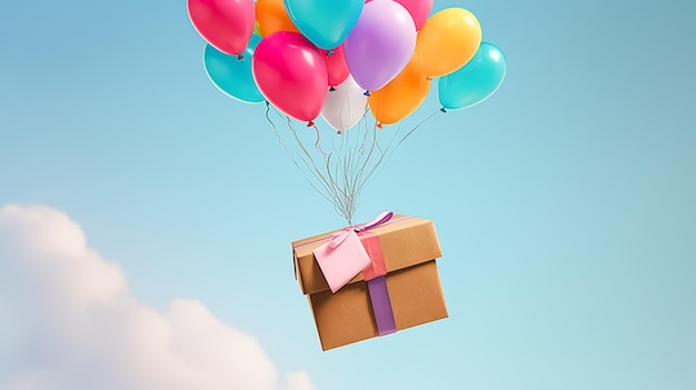 Consegna del negozio di servizi postali e acquisti online palloncini volanti che trasportano una cassetta dei pacchi ai generativa