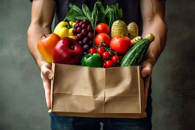 Consegna di alimenti biologici in un pacchetto ecologico Nelle mani di un uomo