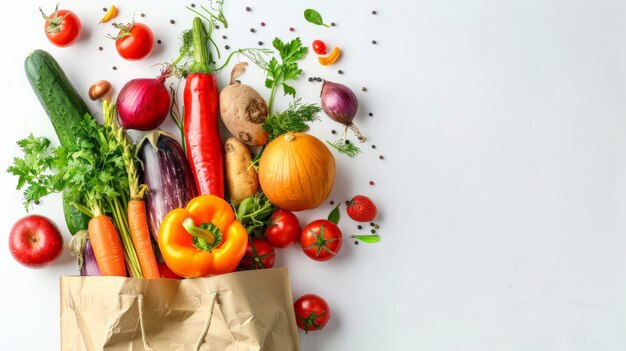 Consegna di cibo sano Vegano cibo vegetariano in sacchetti di carta Verdure e frutta su bianco