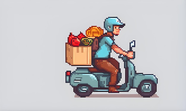 consegna di cibo uomo carino che guida moto pixel art