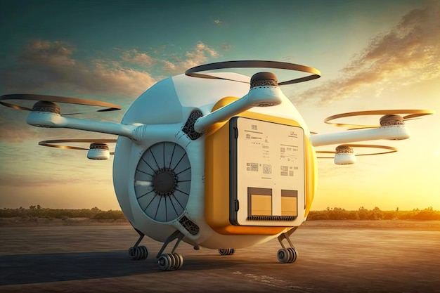 Consegna di merci con droni trasporto merci autonomo della futura intelligenza artificiale