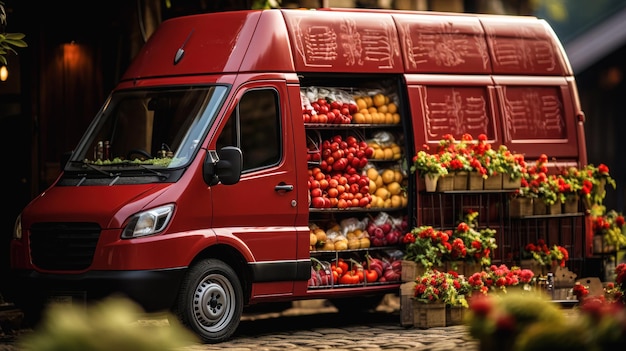 Consegna di prodotti freschi e erbe aromatiche con frutta dal furgone agricolo per la consegna dei prodotti
