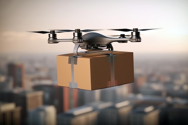 Consegna di un pacco tramite drone in una città generata dall'intelligenza artificiale