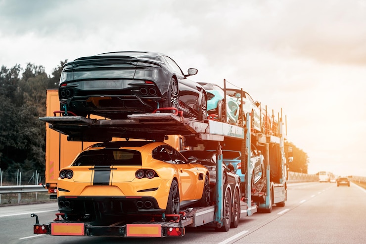 Foto consegna in concessionaria nuove auto su un rimorchio idraulico sono pronte per la consegna e la vendita un camion per il trasporto di automobili trasporta molte auto su una rampa modulare a due livelli