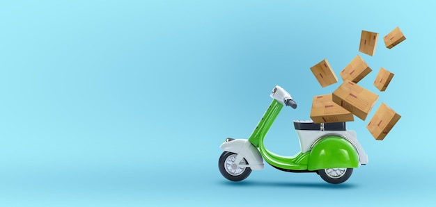 Consegna veloce con il concetto di scooter e scatola di spedizione online al cliente a casa su sfondo azzurro