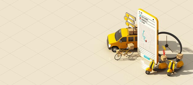 Consegna veloce con scooter, bicicletta e furgone con concetto di e-commerce mobile Ordine online di cibo e acquisti con mappa del percorso Progettazione dell'app della pagina web sfondo giallo e bianco rendering 3D a schermo ampio isometrico