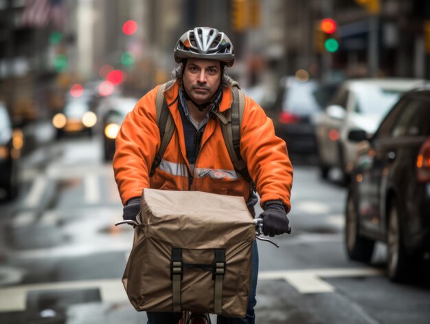 Consegnatore in bicicletta attraverso la città per consegnare i pacchi