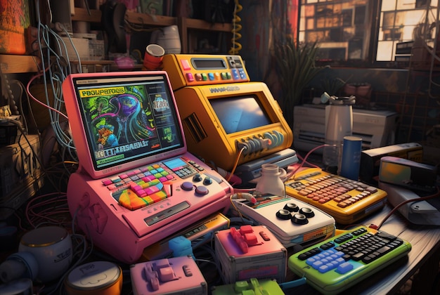 Console di gioco nello stile della fotografia ultravioletta beeple cryptopunk 8k 3d caras ionut viola chiaro e magenta AI generativa