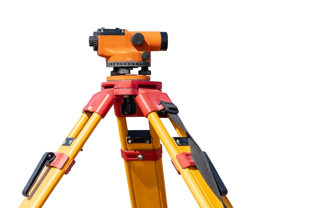 Construction level on a white isolated background Geodetic measurements before embarking on major construction projects Elevation mark in construction work Geodetic instrument