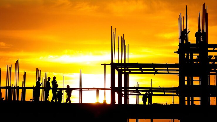 Photo construction site at sunset silhouettes