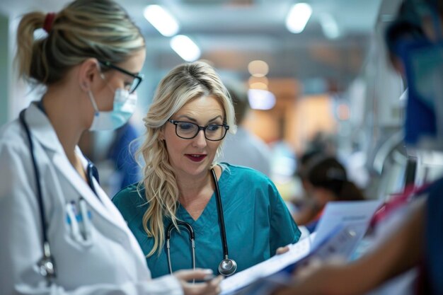 Consulenza di professionisti sanitari concentrati in un ambiente ospedaliero affollato