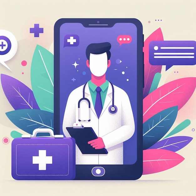 Consulta medica digitale Un'illustrazione vettoriale di un medico sullo schermo dello smartphone