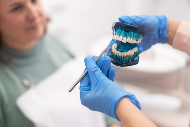 Consultazione odontoiatrica con il modello della mascella dei denti nella macro della mano del dentista che parla al paziente della donna