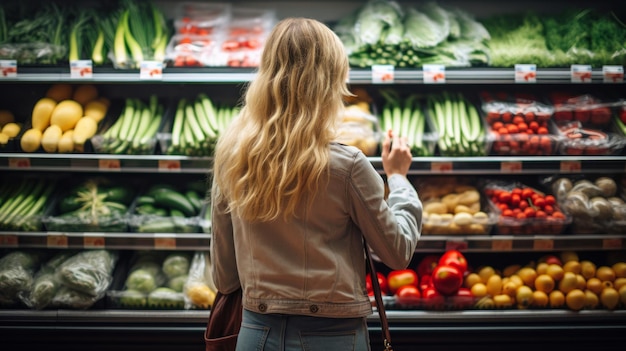 Consumatori di alimentari e donne che acquistano frutta e verdura per la dieta, il benessere e lo stile di vita