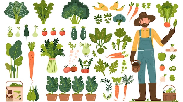 contadino che raccoglie le verdure in pentola nello stile delle illustrazioni chic materiale organico scarso