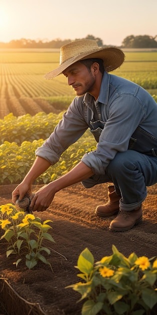 contadino che si prende cura della terra al sole del mattino