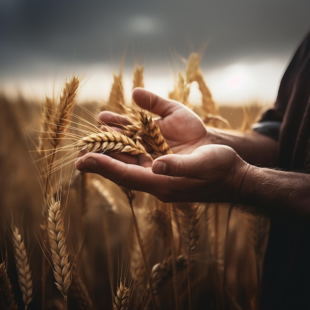 contadino che tocca il grano con il palmo della mano