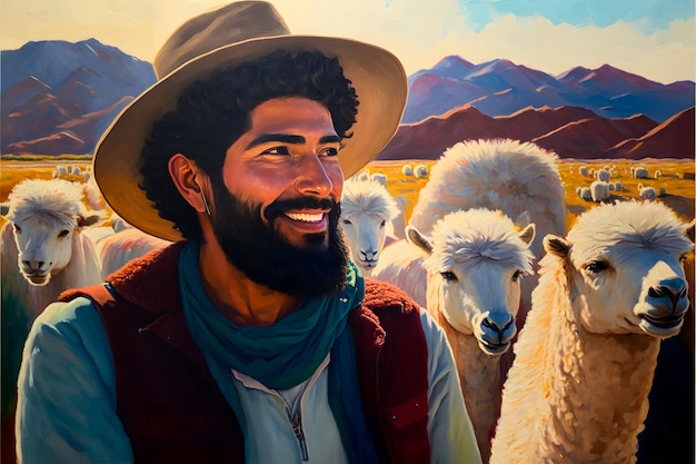 contadino con alpaca, pittura a olio
