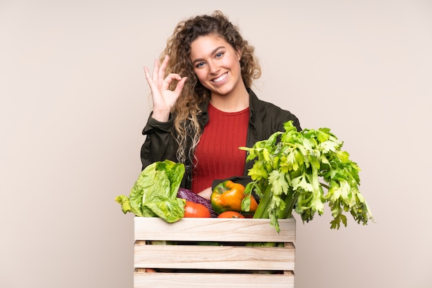 Contadino con verdure appena raccolte in una scatola sul muro beige che mostra un segno ok con le dita