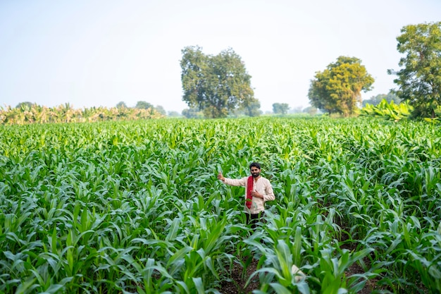 Contadino indiano seduto al campo agricolo o che mostra il dito