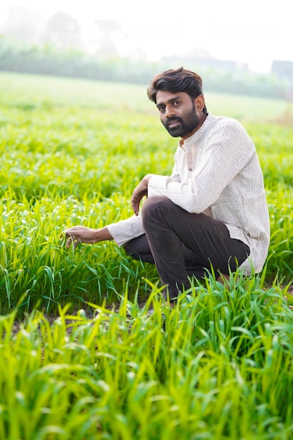 Contadino indiano seduto al campo agricolo o che mostra il dito