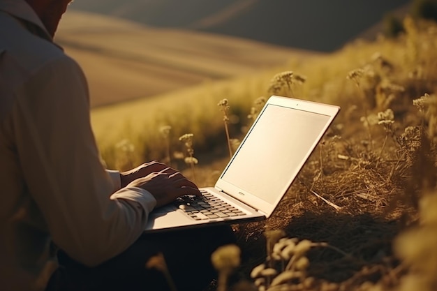 contadino maschio che usa un computer portatile digitale su una collina in primo piano sulle mani di un uomo che naviga su Internet