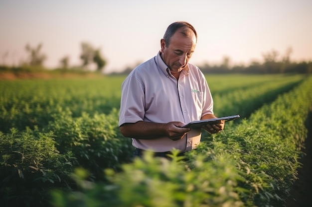 contadino maschio che utilizza un tablet per monitorare la crescita della piantagione all'aperto in un campo verde al tramonto