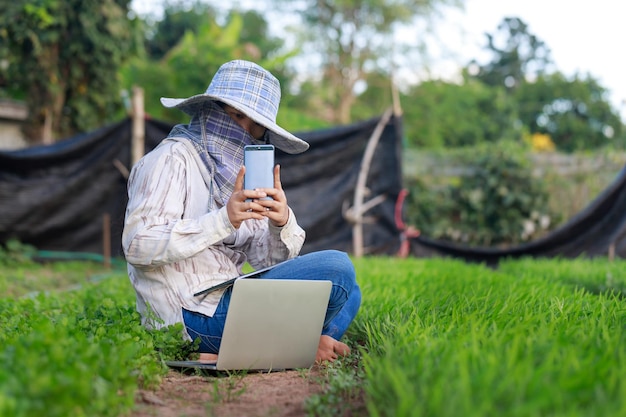 Contadino thailandese che utilizza uno smartphone per scattare una foto selfie nella fattoria di verdure della gloria mattutina, per il concetto di agricoltura biologica e intelligente, selezionare la messa a fuoco profondità di campo