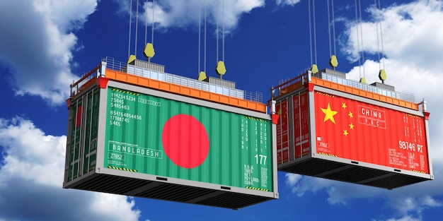 Container di spedizione con bandiere del Bangladesh e della Cina illustrazione 3D