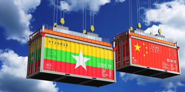 Container di spedizione con bandiere del Myanmar e della Cina illustrazione 3D