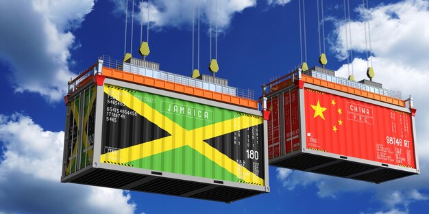 Container di spedizione con bandiere della Giamaica e della Cina illustrazione 3D
