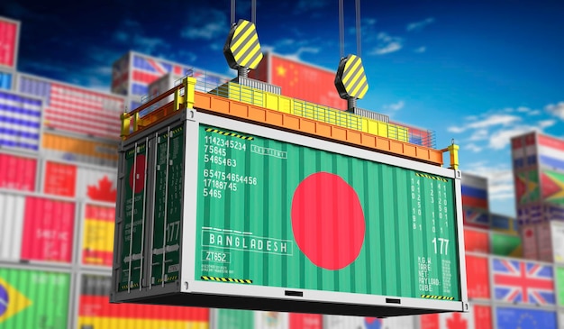 Container di trasporto merci con bandiera nazionale del Bangladesh illustrazione 3D