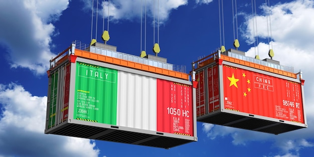 Container marittimi con bandiere d'Italia e Cina illustrazione 3D