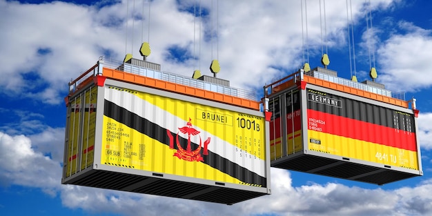 Container marittimi con bandiere del Brunei e della Germania illustrazione 3D