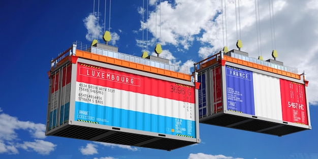 Container marittimi con bandiere del Lussemburgo e della Francia illustrazione 3D