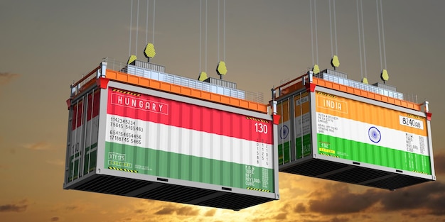 Container marittimi con bandiere dell'Ungheria e dell'India illustrazione 3D