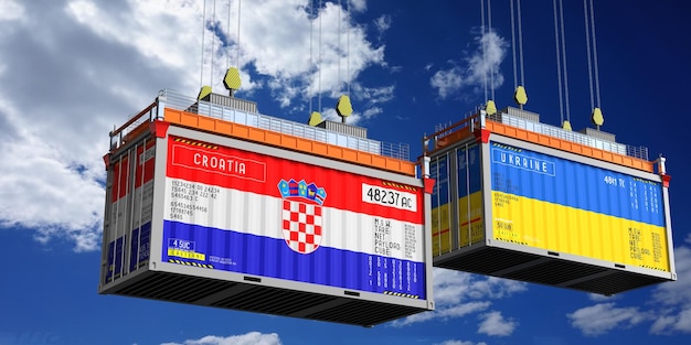 Container marittimi con bandiere della Croazia e dell'Ucraina illustrazione 3D