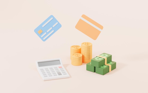 Contanti sparsi e carte bancarie con sfondo cartoon rendering 3d