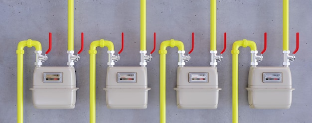 Contatore del gas naturale e sfondo giallo della parete della tubazione Consumo energetico domestico rendering 3d