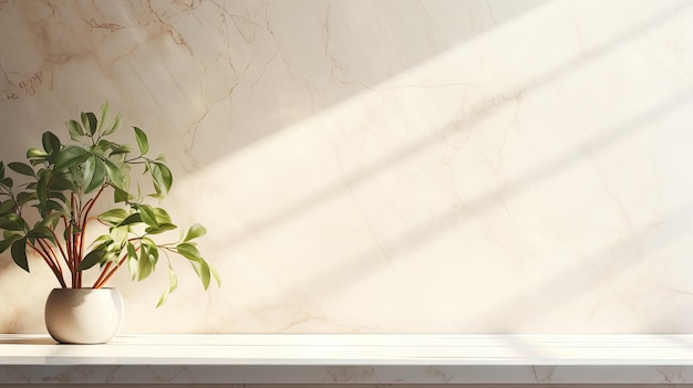 Contatore di cucina di marmo bianco lucido vuoto con ombra di fogliame di luce solare a parete beige