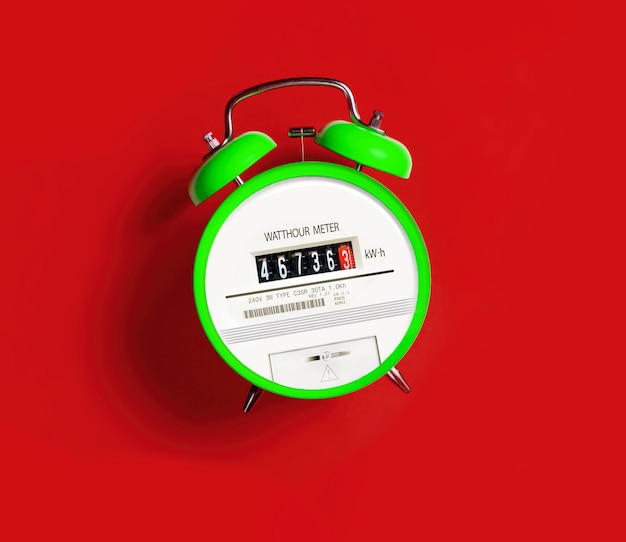 Contatore elettrico verde con sveglia su sfondo rosso