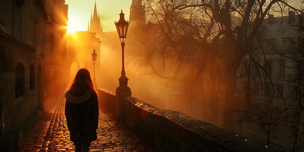 Contemplare la solitudine in una città storica all'alba Concetto Città storica Solitudine Contemplazione dell'alba