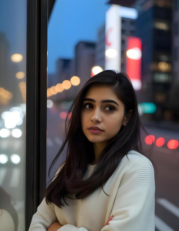 Contemplative Young Woman in a White Sweater with City Lights Background at Night